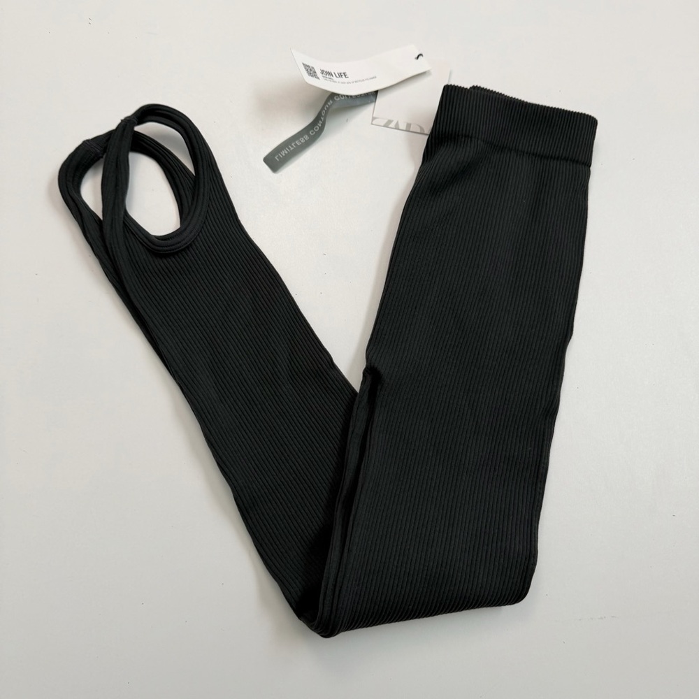 Zara Leggings Stirrups Tights Ribbed Limitless Contour Collection Dark Green